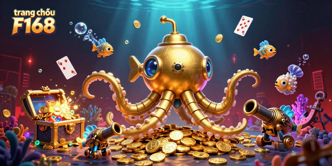 Experience the thrill of gaming at trang chủ F168 with a vibrant underwater scene featuring a golden kraken and mechanical fish.