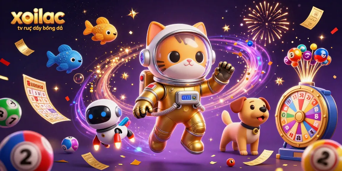 Xoilac tv trực tiếp bóng đá showcases a vibrant 3D scene of a space cat and robot dog in a galactic casino.