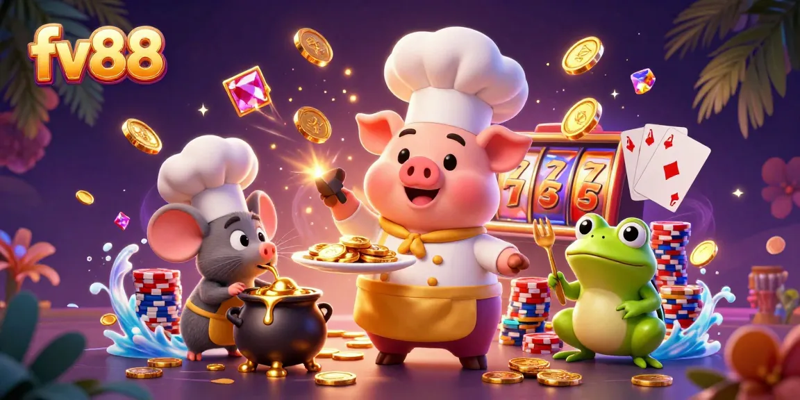 fv88 showcases a vibrant casino scene with a chef pig serving gold coins, illustrating jackpot excitement.