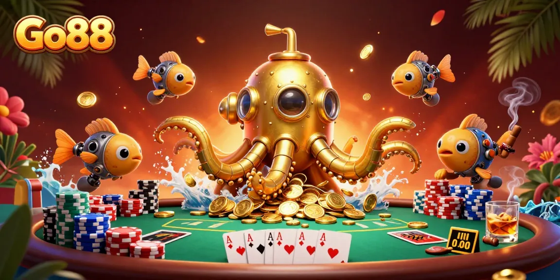 Experience thrilling gaming at Go88 with a dynamic 3D illustration showcasing a kraken submarine, poker elements, and rich details.