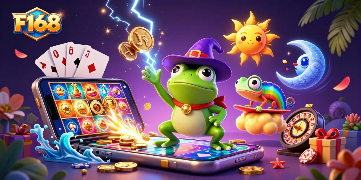 Experience the excitement of F168 as the wizard frog conjures golden coins amidst vibrant casino elements.