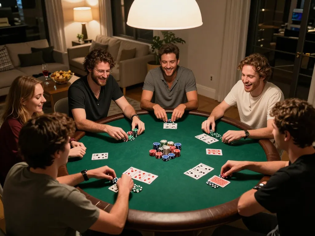 Poker night with friends enjoying GG88 gaming in a vibrant home setting