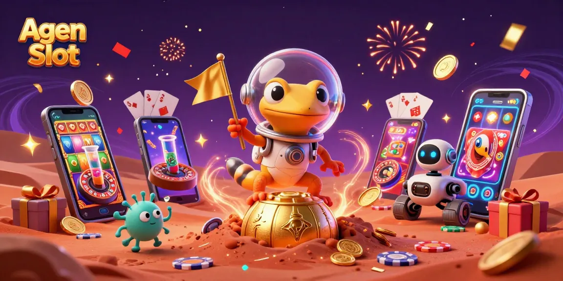 Agen Slot offers a thrilling 3D casino adventure with a Martian gecko and celebratory elements in a vibrant scene.