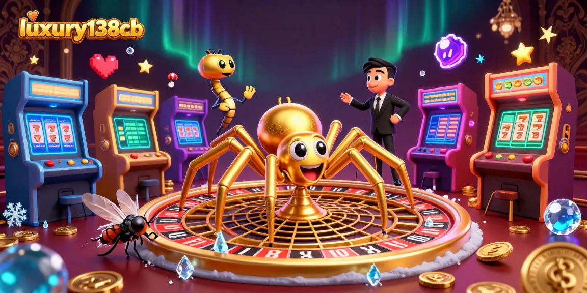 Engage with luxury138cb as a golden spider spins a roulette web surrounded by vivid gaming elements.