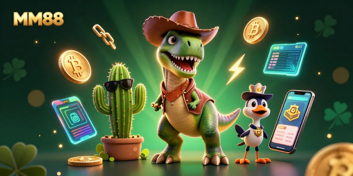 Engage with MM88, featuring a vibrant 3D illustration of gaming fun with colorful characters and crypto elements.