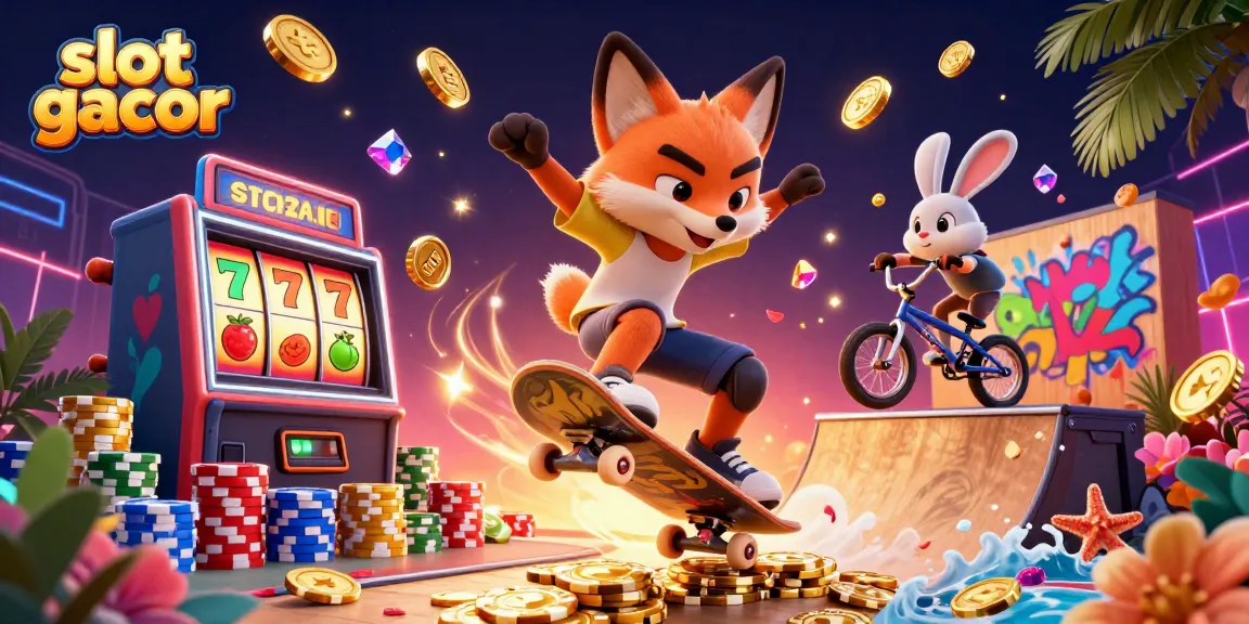 Experience exciting slot gacor thrills with a vibrant 3D illustration of winning characters and casino elements.