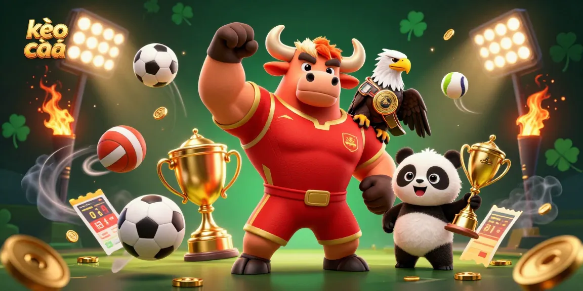 Kèo nhà cái showcases a muscular bull mascot, an eagle, and a panda amidst dynamic sports elements, highlighting excitement in betting.