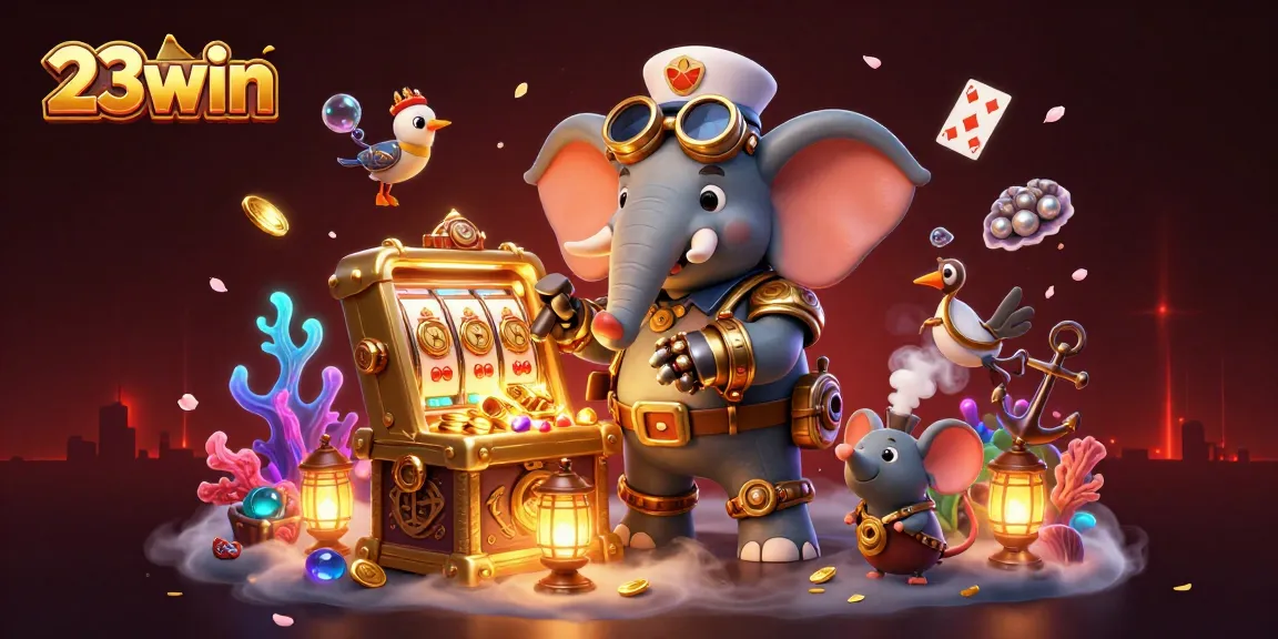 Play exciting slots at 23win with vibrant treasures and characters in 3D illustration.