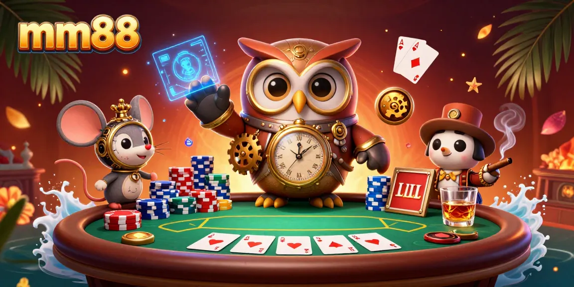 Engage with mm88 casino games in a vibrant scene with steampunk owl and poker elements.