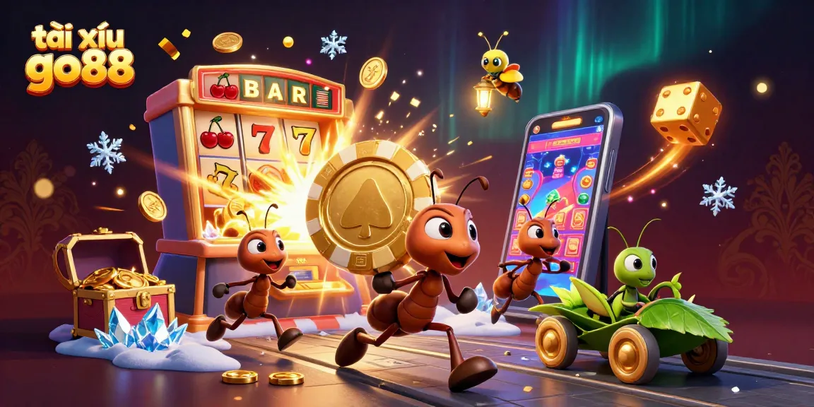 Engage with tài xỉu go88 excitement as ants team up to heist a golden poker chip amidst a vibrant casino scene.