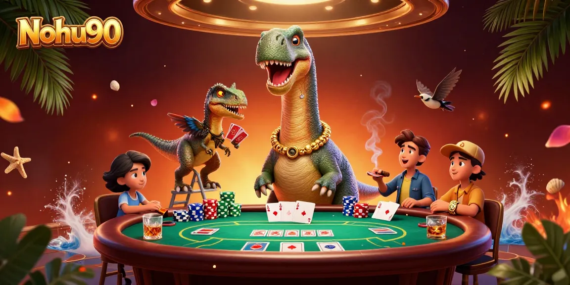 Nohu90 offers a dynamic 3D casino scene with a brontosaurus, raptor, and poker elements.