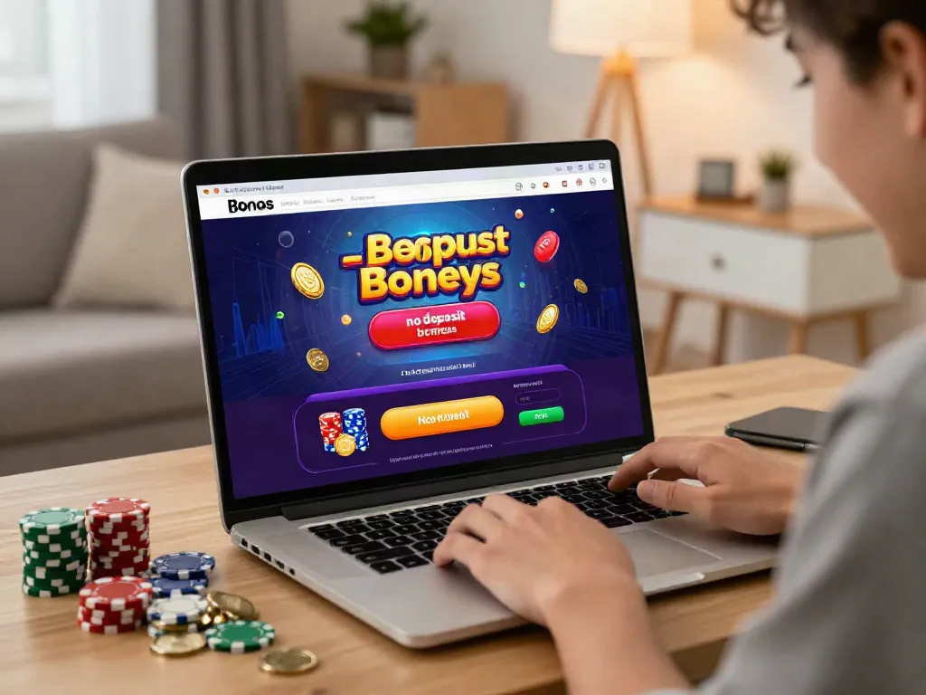Engaging scene showcasing a player exploring a casino bonus sans depot on a laptop in a cozy living room