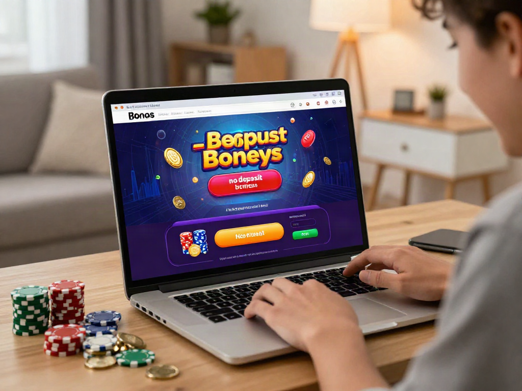 Engaging scene showcasing a player exploring a casino bonus sans depot on a laptop in a cozy living room