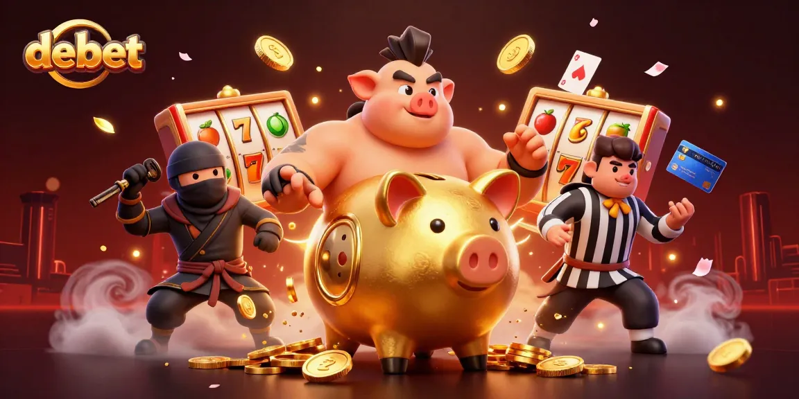 Engage in thrilling debet betting with a dynamic scene featuring a golden piggy bank sumo wrestler and animated casino elements.