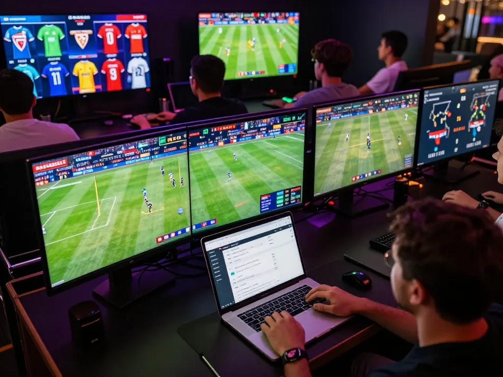 Engaging in sports betting through the debet app while watching live matches on multiple screens.