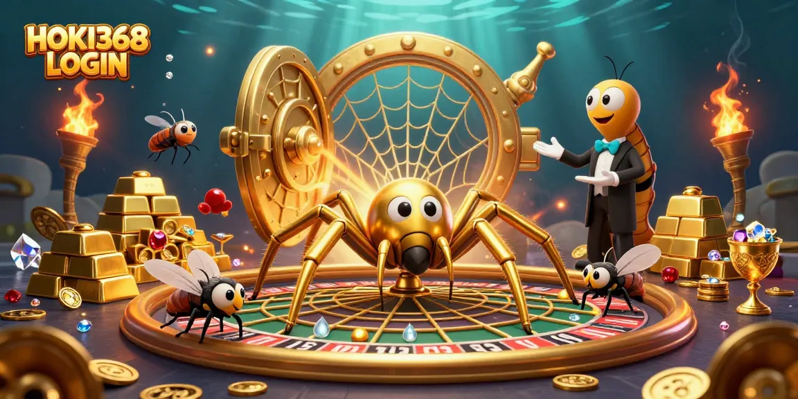 Bet and win with HOKI368 LOGIN in a vibrant 3D gambling scene featuring a golden spider and treasures.