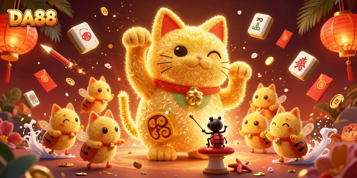 Join the excitement at DA88 as golden fireflies celebrate with casino symbols.