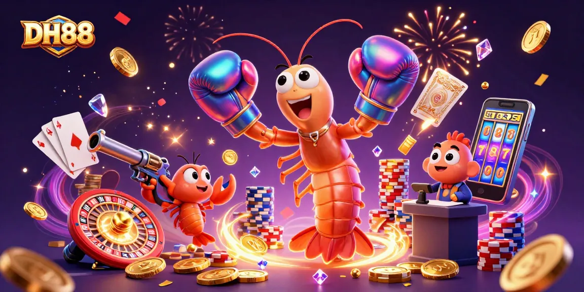 Experience thrilling gameplay with DH88 as mantis shrimp champions celebrate wins in a vibrant casino scene.