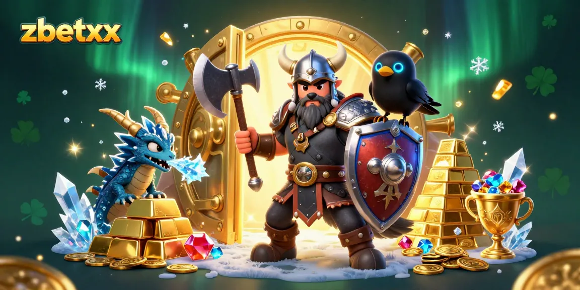 Experience thrilling action at zbetxx with a Viking wolf, dragon, and treasure in a vibrant casino scene.
