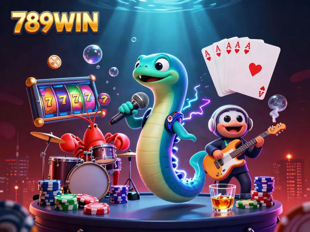 789WIN electrifies the underwater casino scene with vibrant slot reels and colorful poker chips.