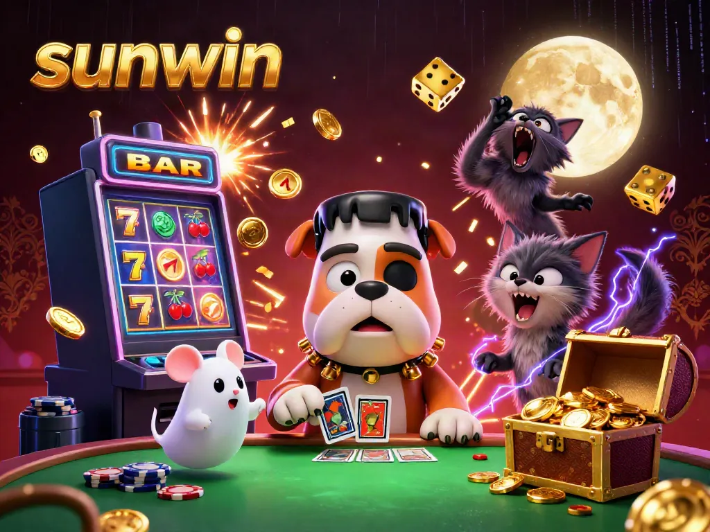 Engage in thrilling gameplay with sunwin as a spooky bulldog dealer amidst casino elements.