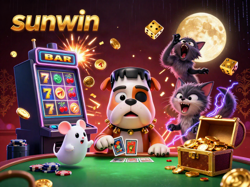 Engage in thrilling gameplay with sunwin as a spooky bulldog dealer amidst casino elements.