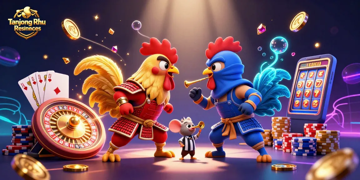 Tanjong Rhu Residences features a duo of cartoon fighting roosters amid a whirlwind of coins and cards, creating a vibrant casino atmosphere.