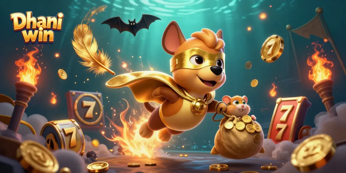 Dhani win: Enjoy thrilling slot action with a superhero dog and hamster duo in a vibrant casino scene