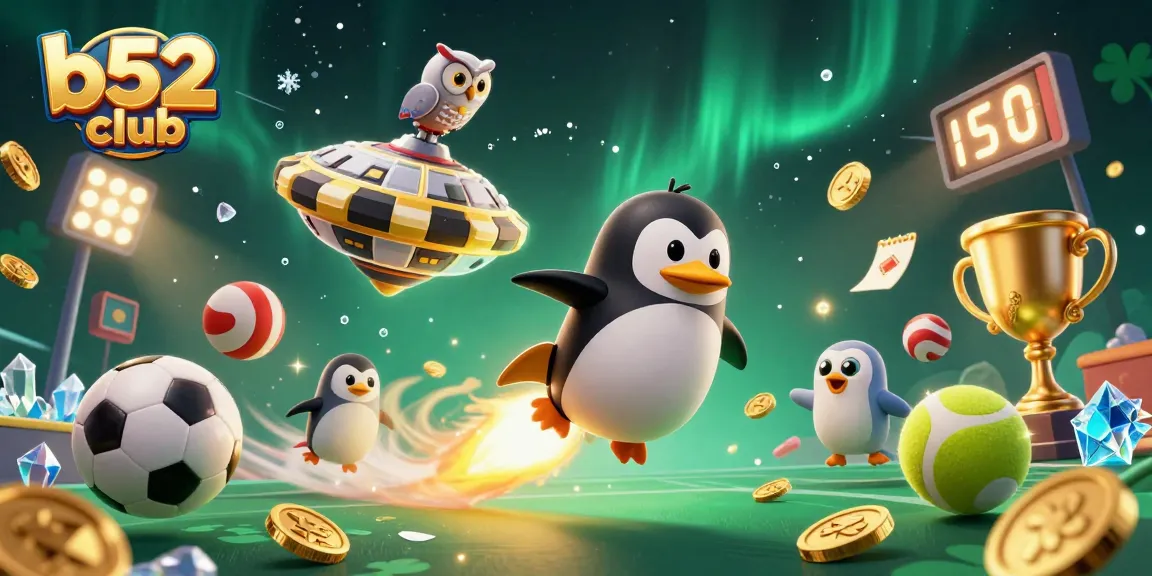 Experience thrilling gaming action with b52 club's penguin and casino elements in a vibrant 3D scene.