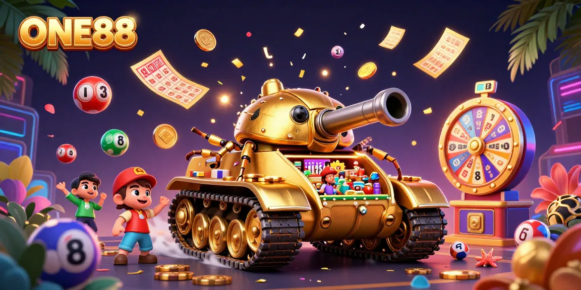 Engage in exciting gameplay with ONE88 as a vibrant 3D casino atmosphere sprinkles confetti and coins.
