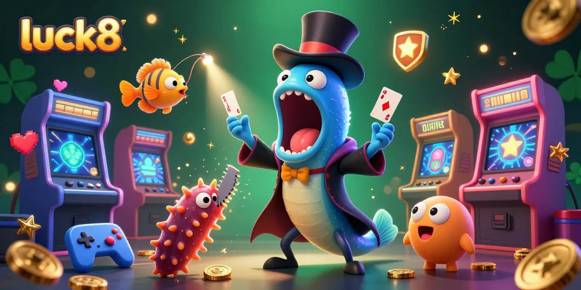 Experience exciting card tricks with luck8's animated sea creatures in a vibrant casino scene.