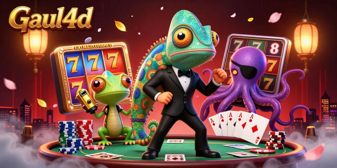 Win big at Gaul4d with spinning slots, jackpot counters, and vibrant casino elements in a thrilling illustration.