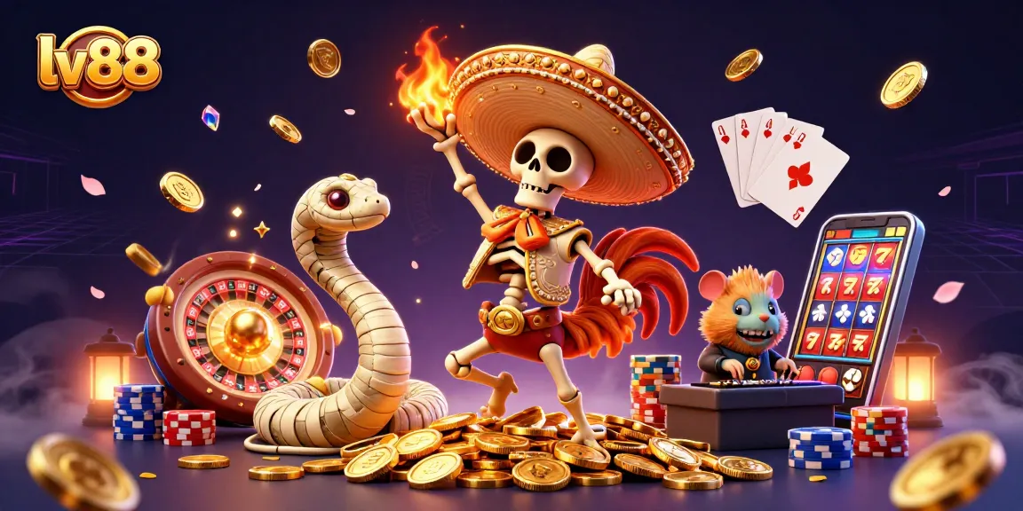 Celebrate wins at lv88 with vibrant 3D characters dancing on golden coins in a casino scene.