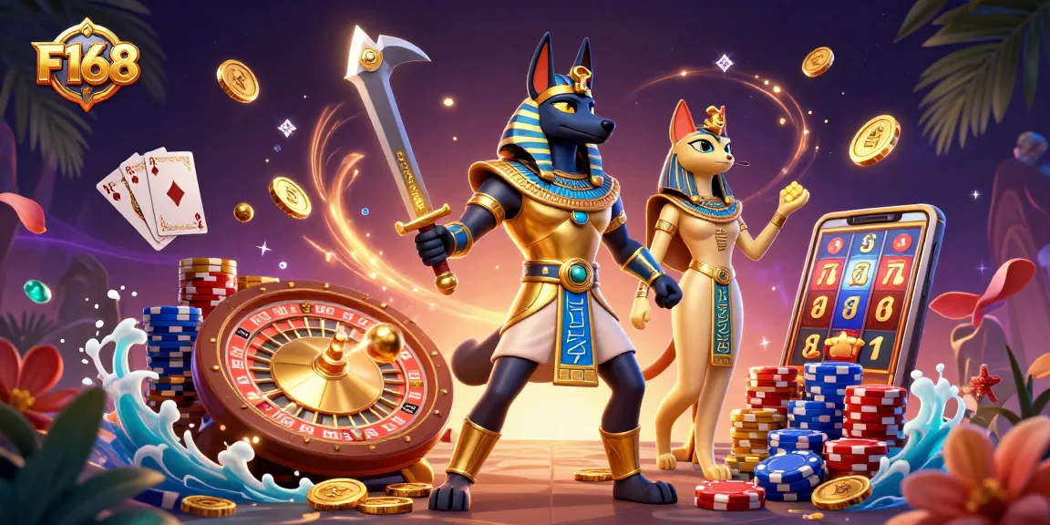 Experience F168 live sports betting excitement with Anubis and Bastet surrounded by casino elements.