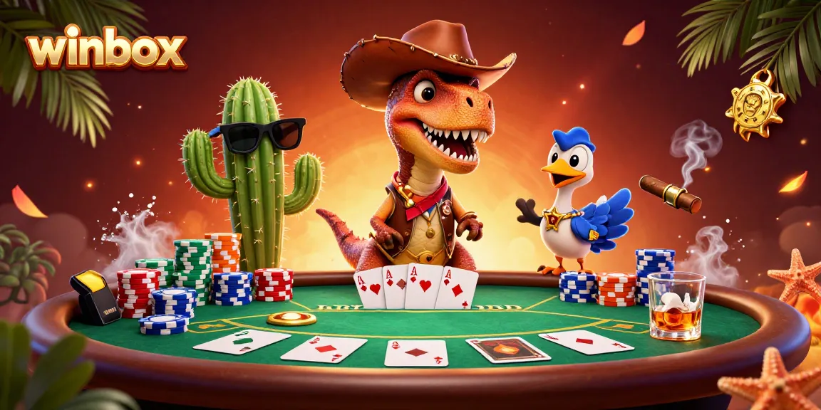 Winbox games come alive with a dynamic scene featuring a cartoon T-Rex and poker elements.