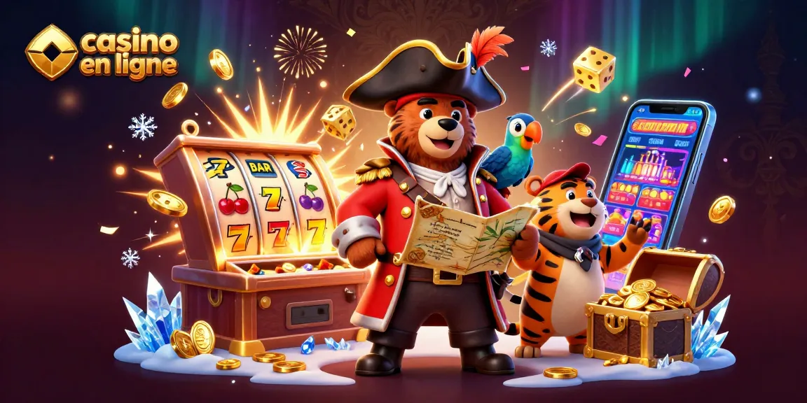 Jouez à casino en ligne avec le pirate et son tigre, entourés de machines à sous et de trésors.