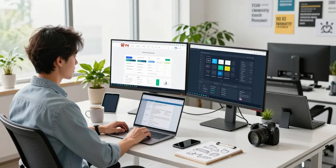 Professional workspace featuring the WPS Official Website on dual monitors, promoting innovation and productivity.