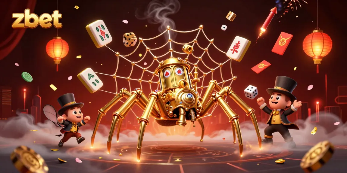 Zbet captures the excitement of online gambling with a dynamic steampunk scene featuring a golden spider and vivid game elements.
