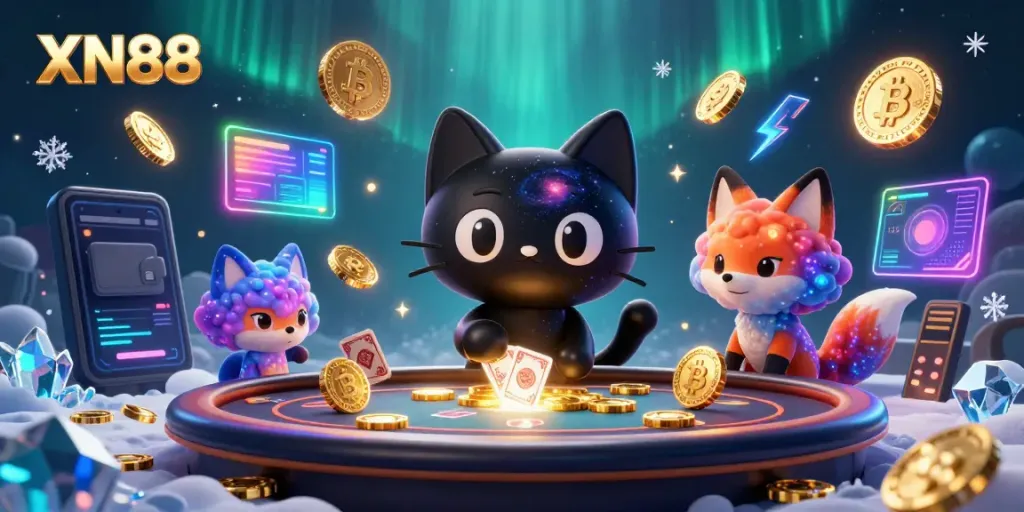 Experience thrilling XN88 gaming with vibrant 3D casino characters and cosmic elements.