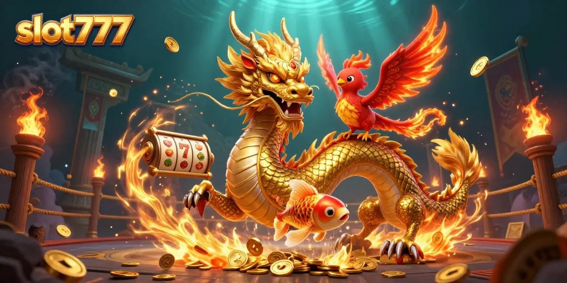 Engage with slot777 as a fierce dragon, phoenix, and koi fish celebrate casino wins!