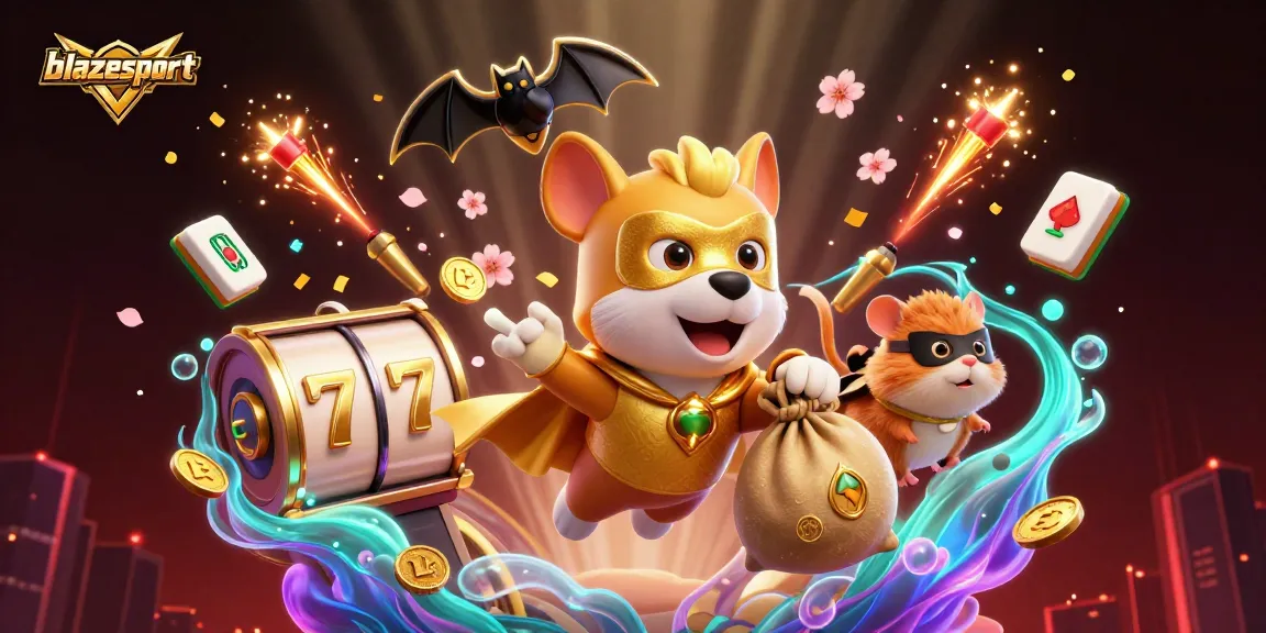 Experience the thrill of blazeesport with a superhero dog and colorful casino elements in a vibrant scene.