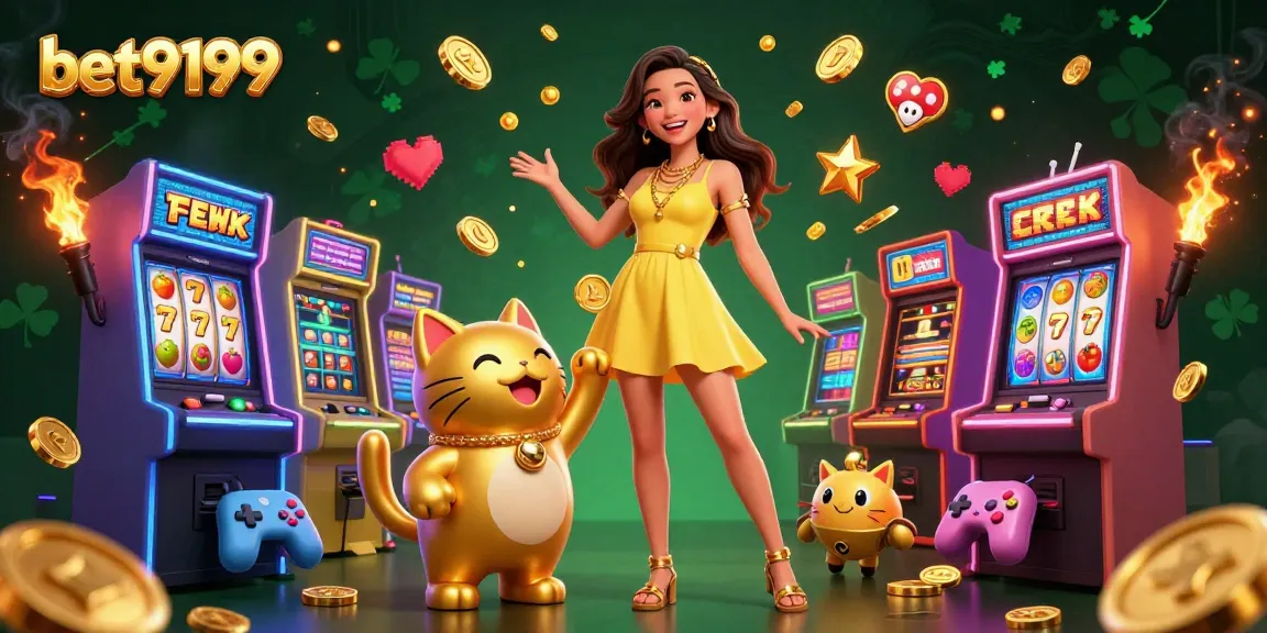 Experience exciting gameplay at bet9199 with a smiling woman and a lucky cat mascot among vibrant slot machines.
