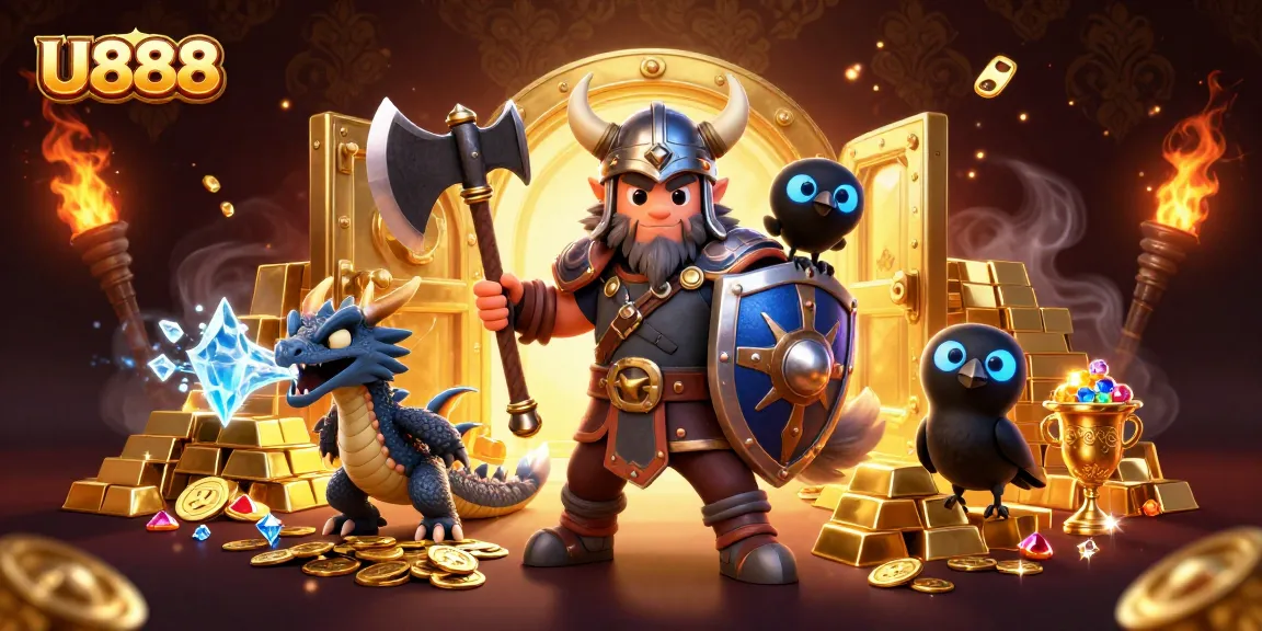 Experience U888's thrilling atmosphere with a Viking wolf warrior, fierce dragon, and treasure-filled casino scene.