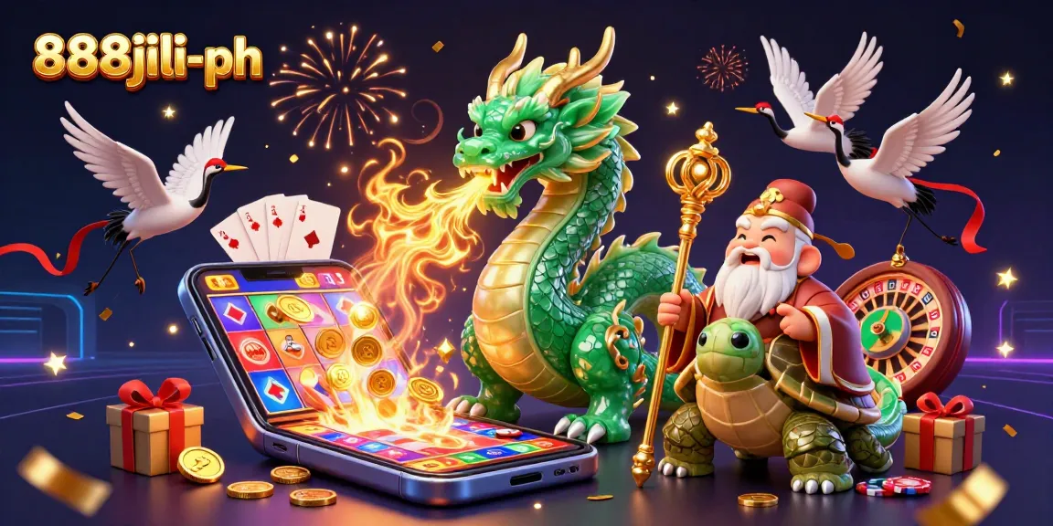 Engage with 888jili-ph's captivating online casino experience featuring a vibrant dragon, turtle sage, and lucky cranes.