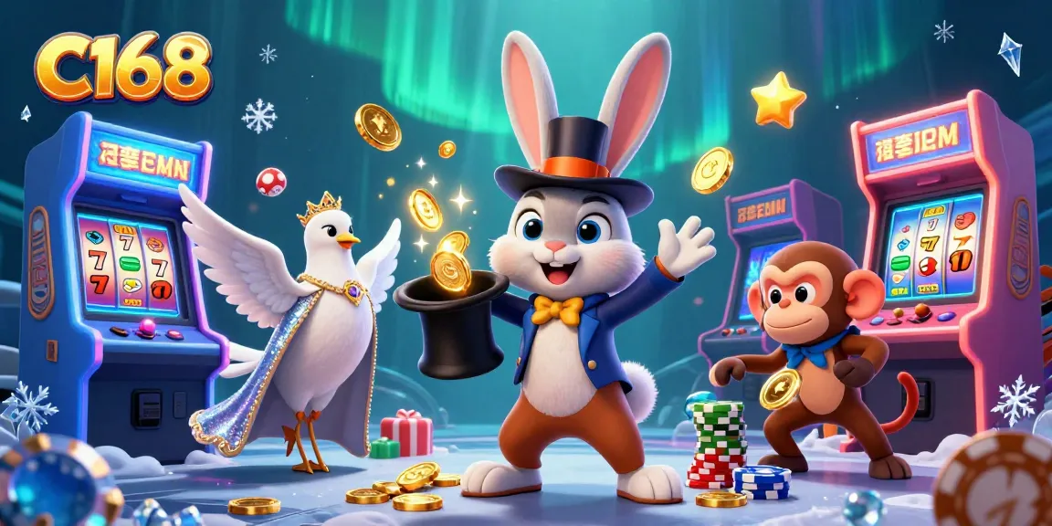 C168 features a whimsical scene with a magician rabbit and vibrant casino elements, offering thrilling gaming experiences.
