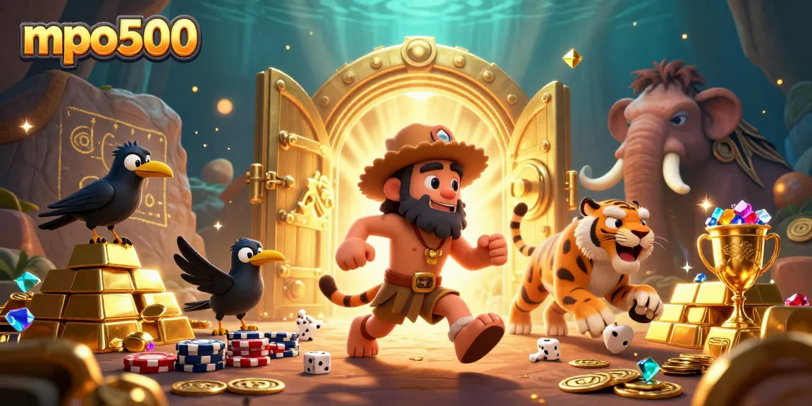 Experience winning strategies at mpo500 in a vibrant prehistoric casino with caveman characters.