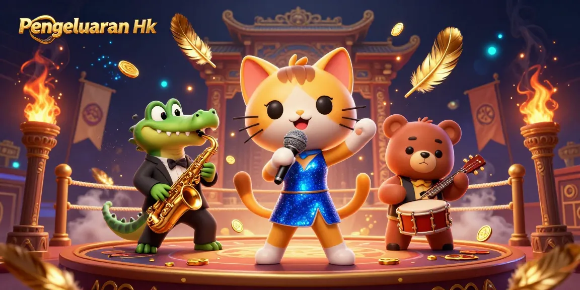Pengeluaran Hk showcasing an enchanting jazz-singer cat, a crocodile with a saxophone, and a drummer bear in a vibrant casino scene.