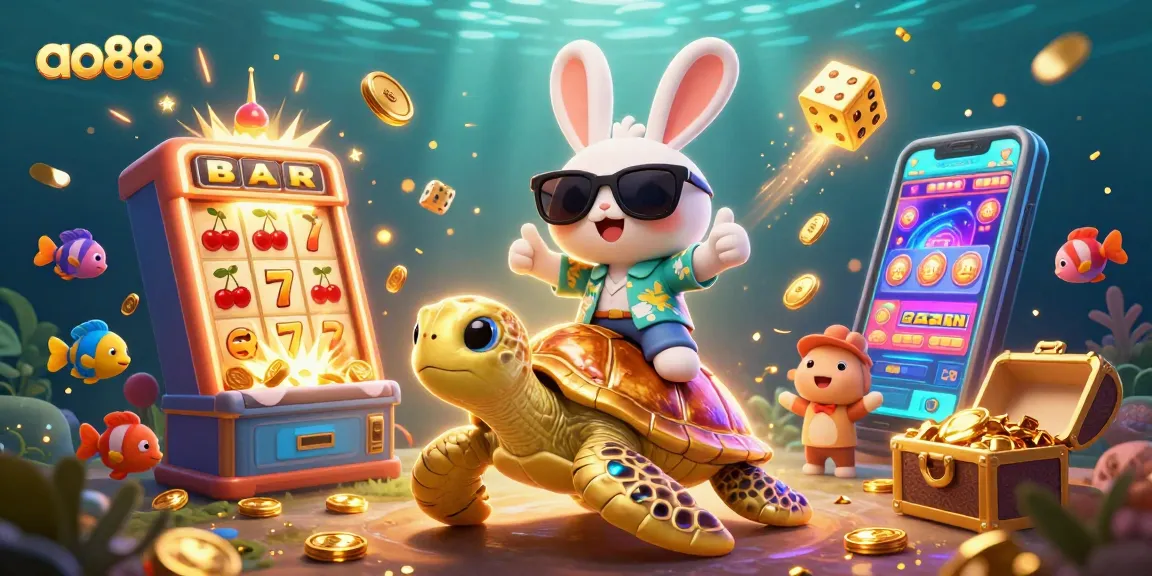 Experience the excitement at ao88 with a vibrant 3D casino illustration featuring lucky symbols and characters.