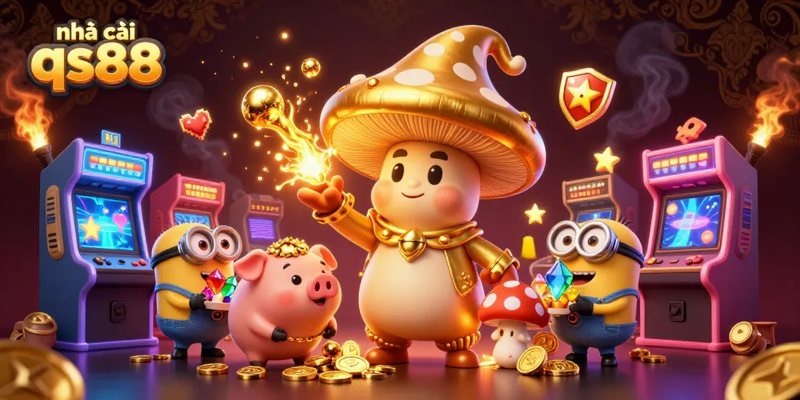 Experience the gold magic in nhà cái qs88 with a whimsical casino scene featuring colorful game elements.
