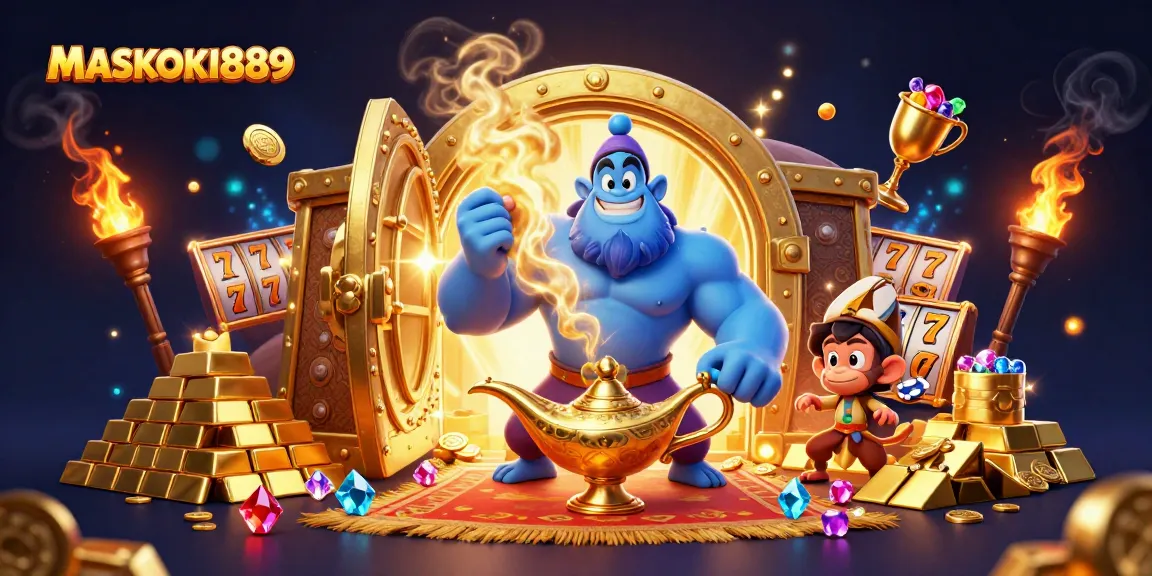 Experience the thrill of MASKOKI889 online slots with a dynamic 3D casino scene featuring a genie and treasures.